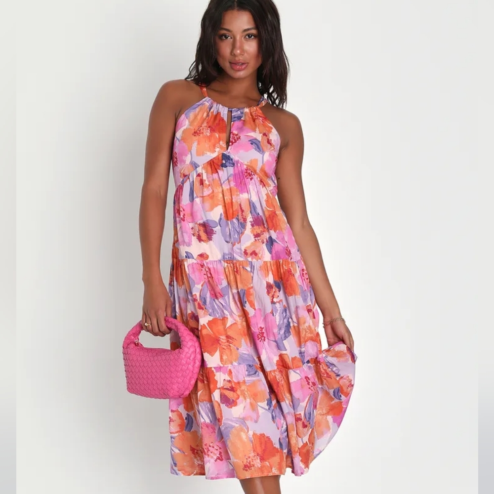Lulu's Sunny Fantasy Pink Multi Floral Tiered Midi Dress With Pockets NWOT